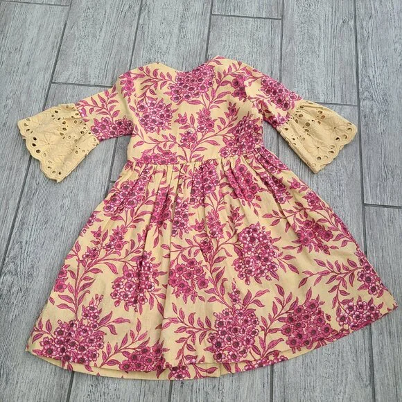 Utsa Kids Yellow Pink Floral Eyelet Bell Sleeve Dress 2Y NWT - Picture 8 of 8